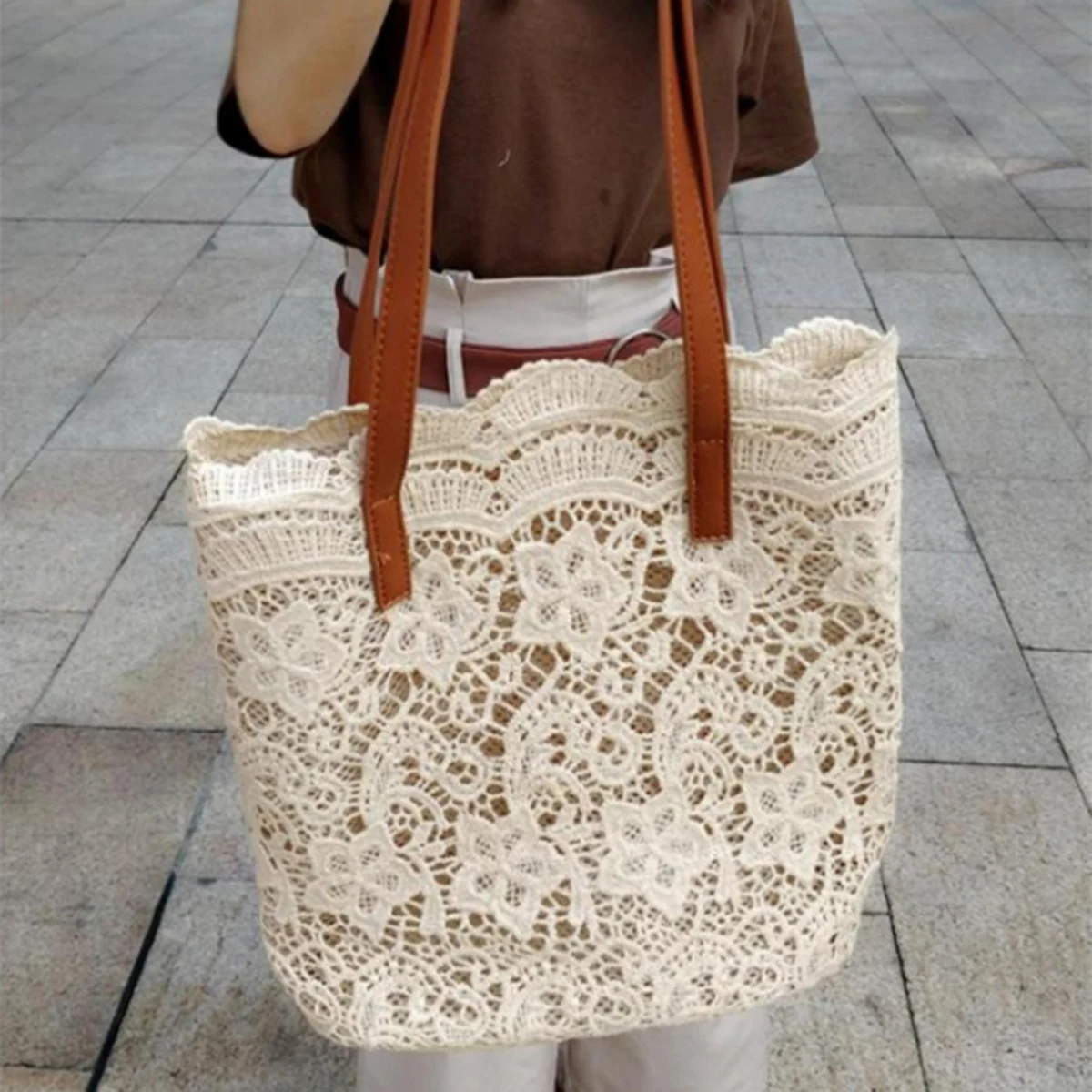 Borsa per la spesa a secchiello di grande capacità da donna in pizzo Mori versione coreana bella borsa a tracolla