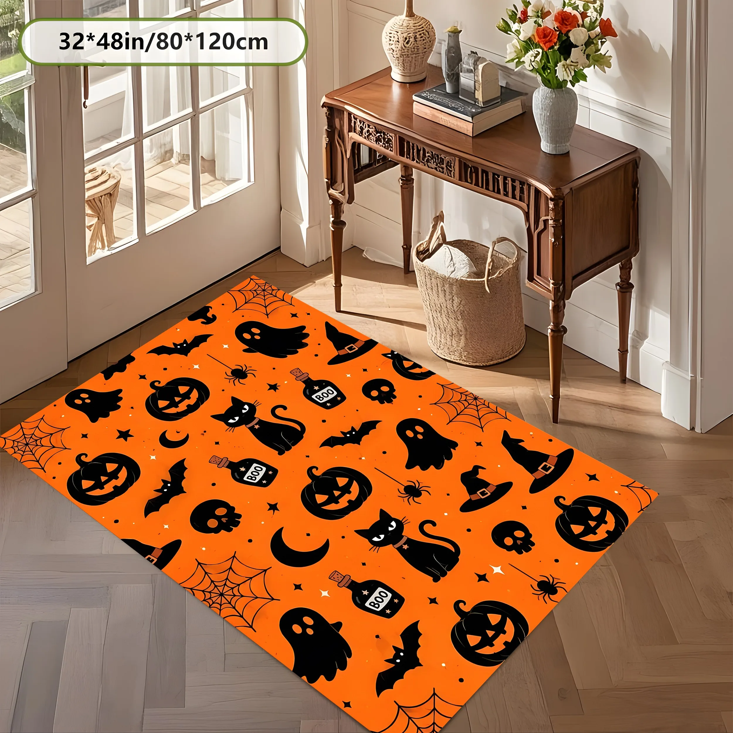 Halloween Fun Elements Boo Slogan Rug, Quirky Holiday Carpet for Living Room Bedroom Party, Festive Home Decor