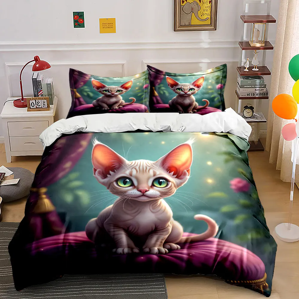 Sphynx cat Sitting on Purple Cushion Printed Duvet Cover Set 1 Duvet Cover+2 Pillowcase Multi Size Bedroom Bedding Decor