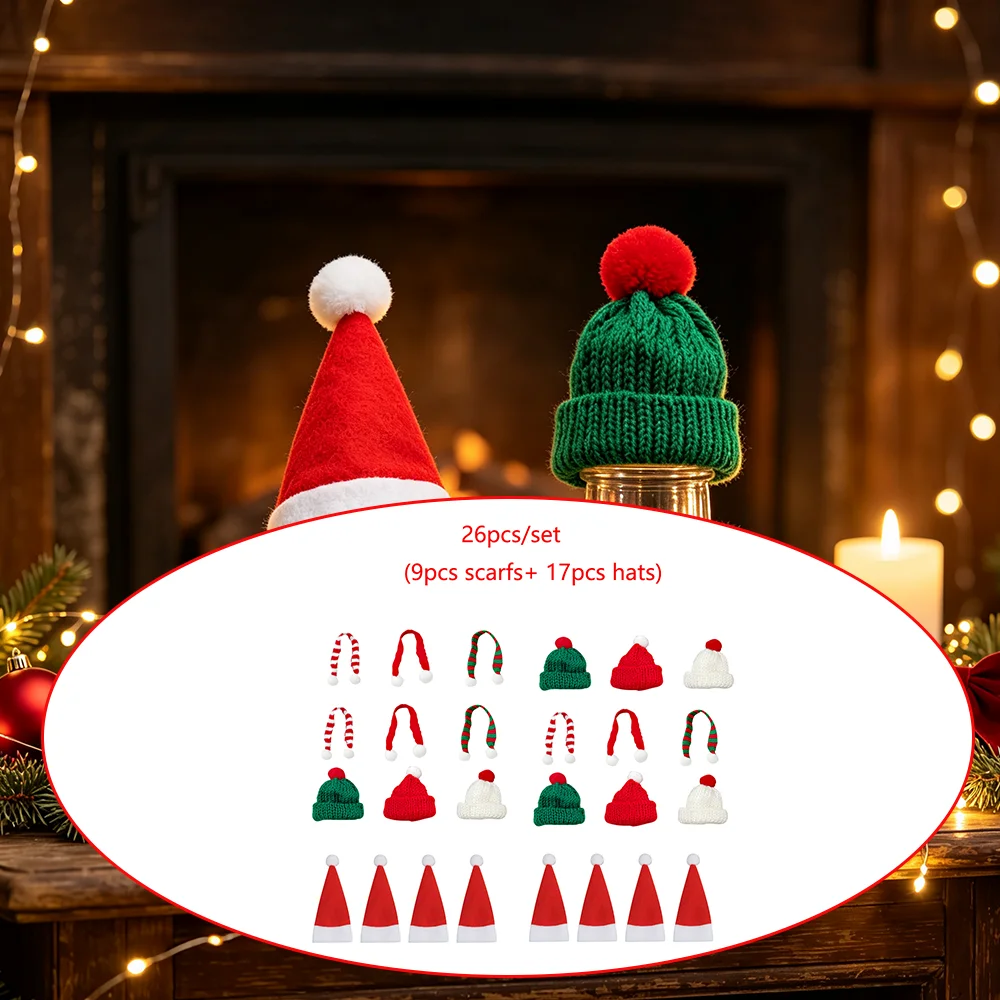 26pcs random color Christmas hats, Christmas holiday decorations, Christmas bottle decoration hats, decorative scarves, mini Christmas decoration hats, Christmas gift box embellishments, Christmas decorations