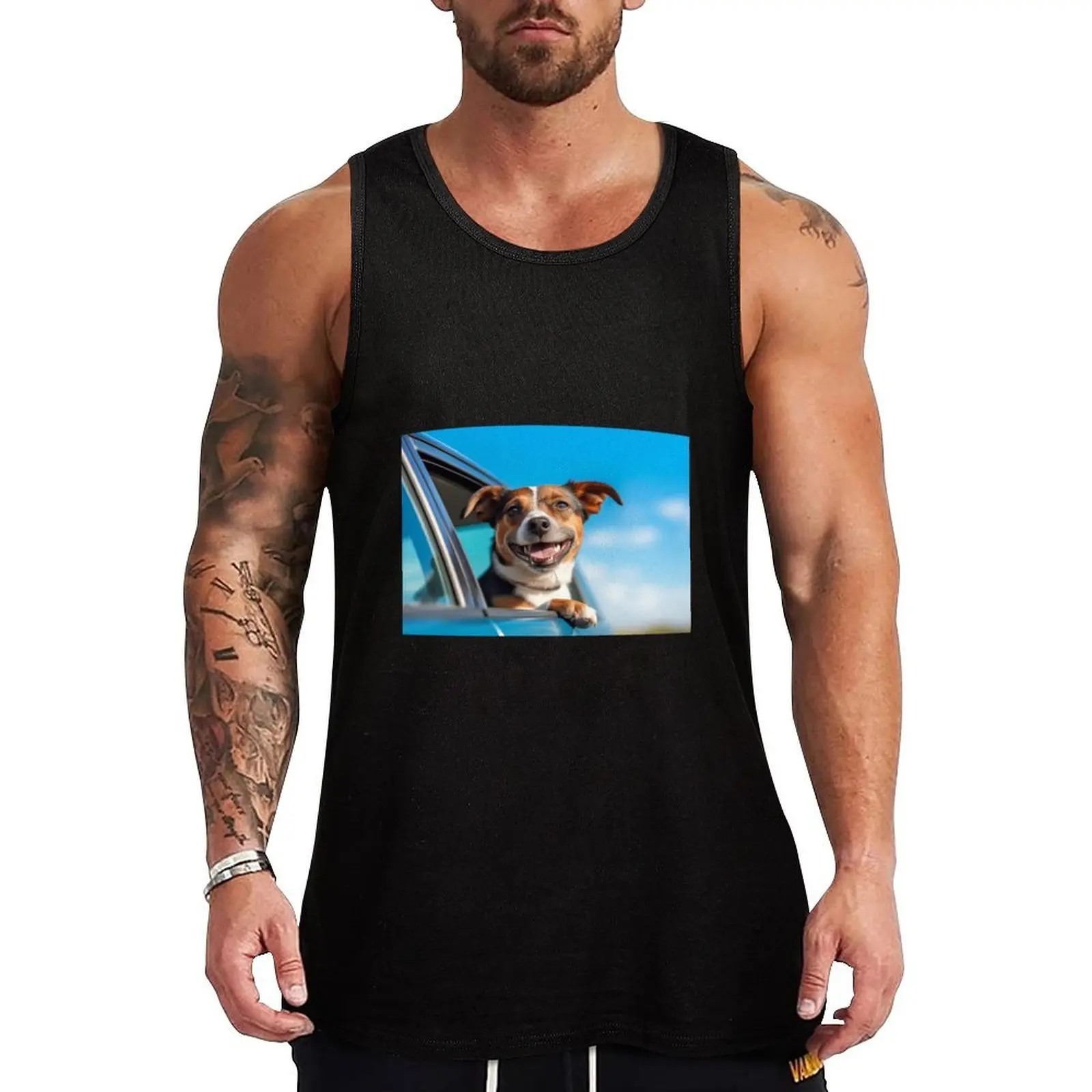 

Dog enjoying traveling by car. Jack Russell Terrier looking through the window on the road. Tank Top t-shirt gym man