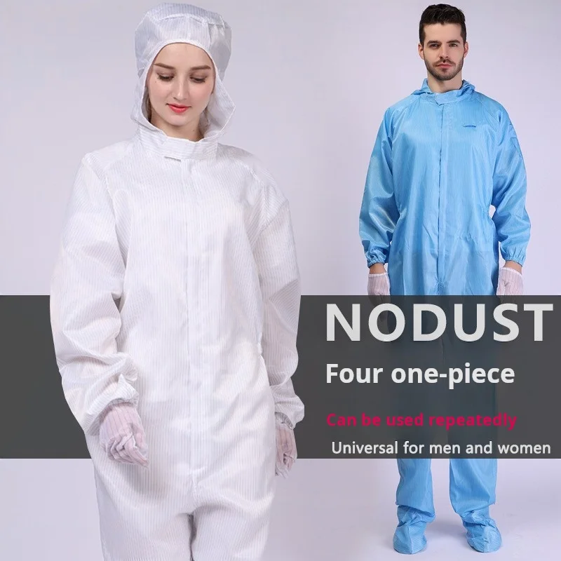 

Dust-Free One-Piece Suit With Shoes And Hood, Four-Piece Spray Paint Sand Therapy Protective Blue And White Overalls