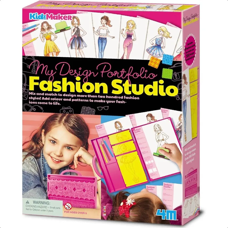 

: KidzMaker: My Design Portfolio Fashion Studio Design Draw Outfits Mix Max Pattern Rubbing Plates Travel Case Arts Craft Set 5