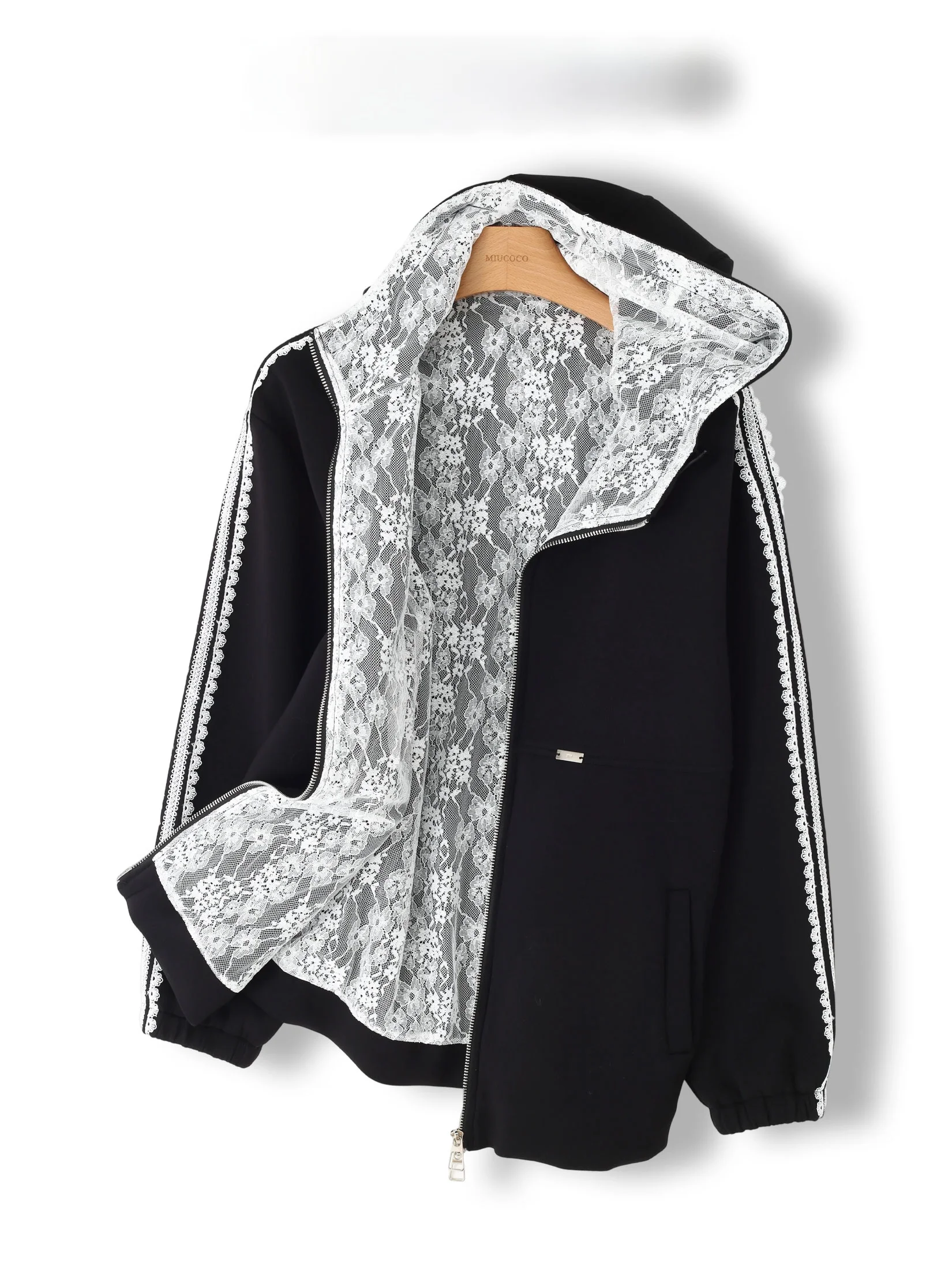 

Black Lace Splicing Loose Women's Jacket Large Size Casual Style Regular Sleeve Length Zipper Closure Hooded Coat for Ladies