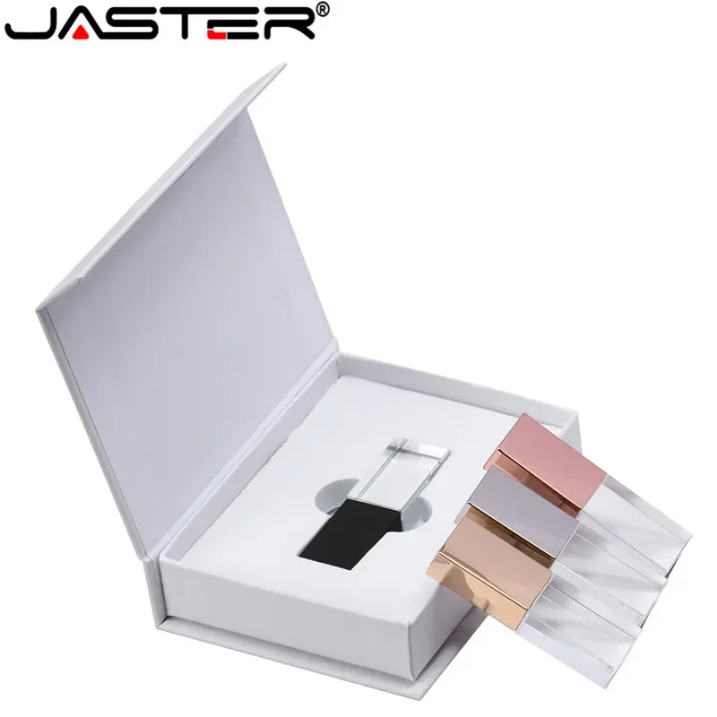 JASTER New Silver Crystal USB 2.0 Flash Drive USB and Box 16GB 32GB 64GB Free Custom LOGO Black Gold Wedding Photography Gifts