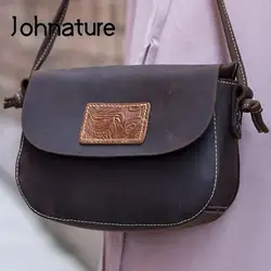 Borsa da donna retrò in vera pelle Johnature 2024 nuove borse a tracolla e a tracolla semplici in vera pelle bovina naturale versatile tinta unita