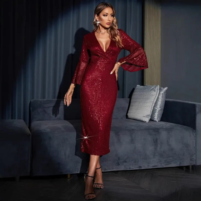 New Party Sequin Dress Gown Light Luxury Ball Gown Long Sleeve Red