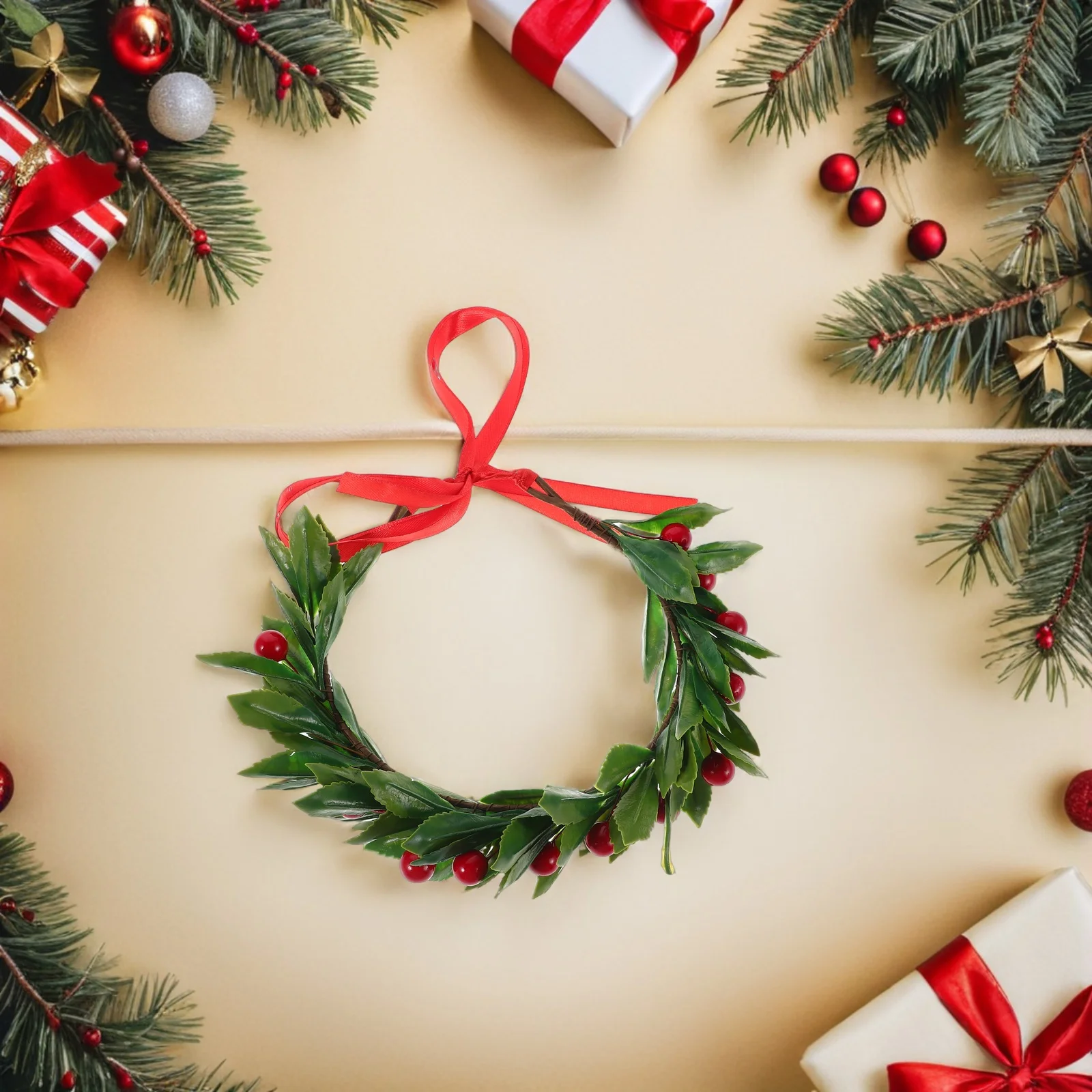 عيد الميلاد الأحمر التوت إكليل فو التوت جارلاند غطاء الرأس اكسسوارات الزفاف عطلة ديكور عيد الميلاد باب إكليل الشتاء الطرف #2
