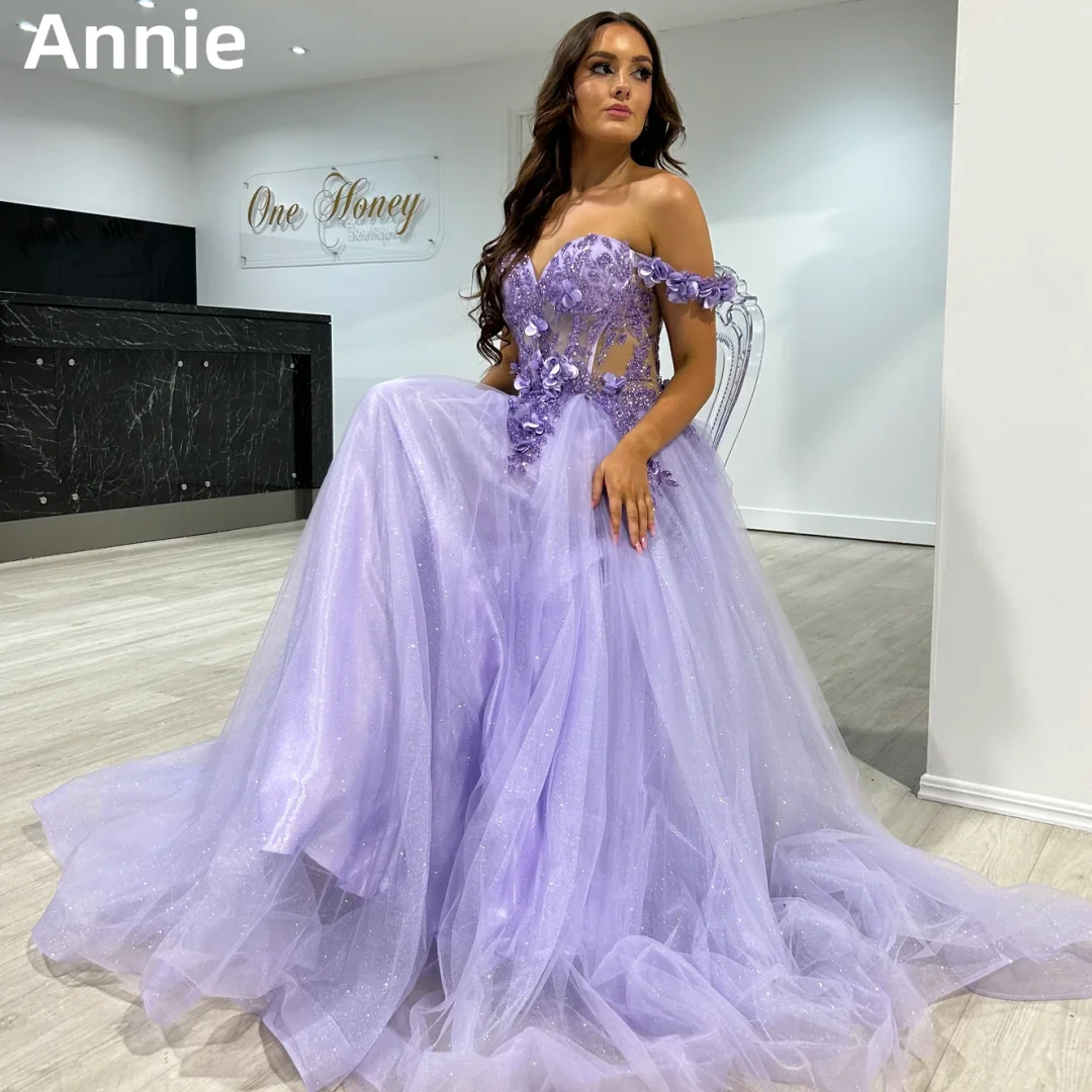 

Annie Lavender Purple Prom Dresses 3D Flower Embroidery Graduate Evening Dresses Glitter Tulle Wedding Dress Party Dresses 2024