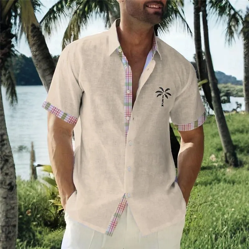 2024 New Palm Tree Casual Men's Shirt Outdoor Street Casual Daily Summer Cuffed Short Sleeve Shirt Button Design