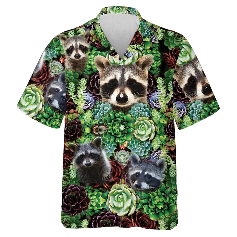 Cute Raccoon 3D Print Shirts For Men Clothes Hawaiian Graphic Short Sleeve Blouses Funny Animal Flower Lapel Blouse Button Tops