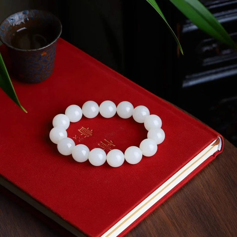 Natural Hotan Qinghai Material Sheep Fat Grade White Jade Beads Round Jadeite Bracelet