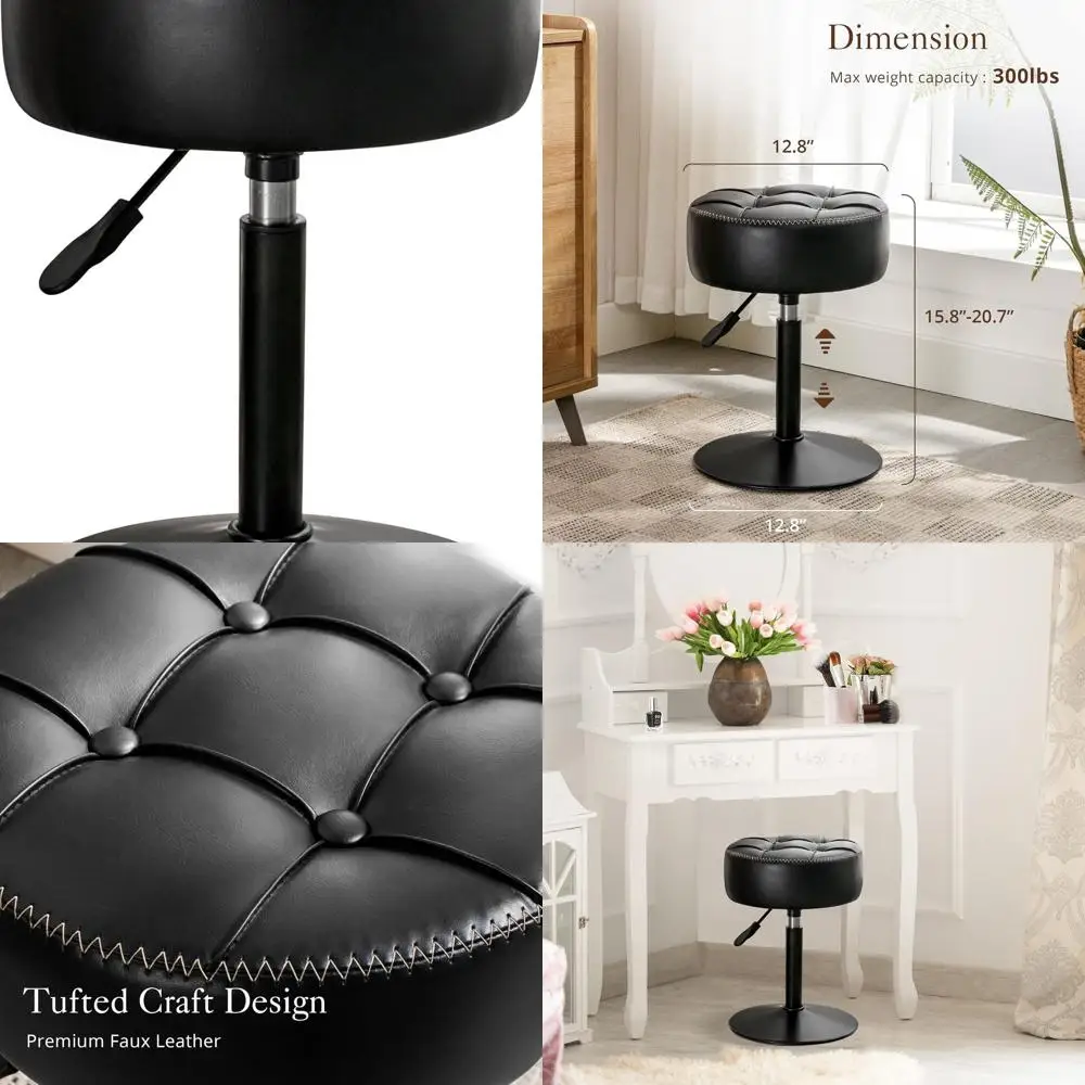 

360 ° Поворотный табурет из искусственной кожи, компактный черный стул для макияжа и использования в ванной комнате