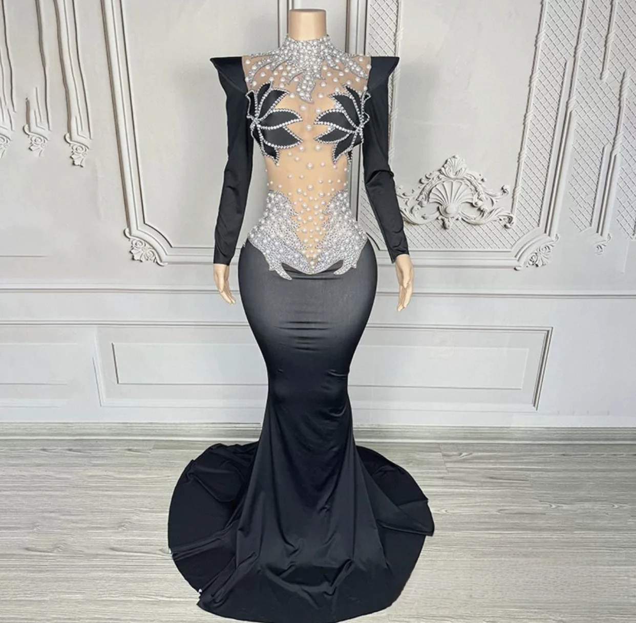 Luxo brilhante diamantes pérola branco ver através de malha vestido longo feminino festa de casamento à noite palco desempenho photoshoot vestido