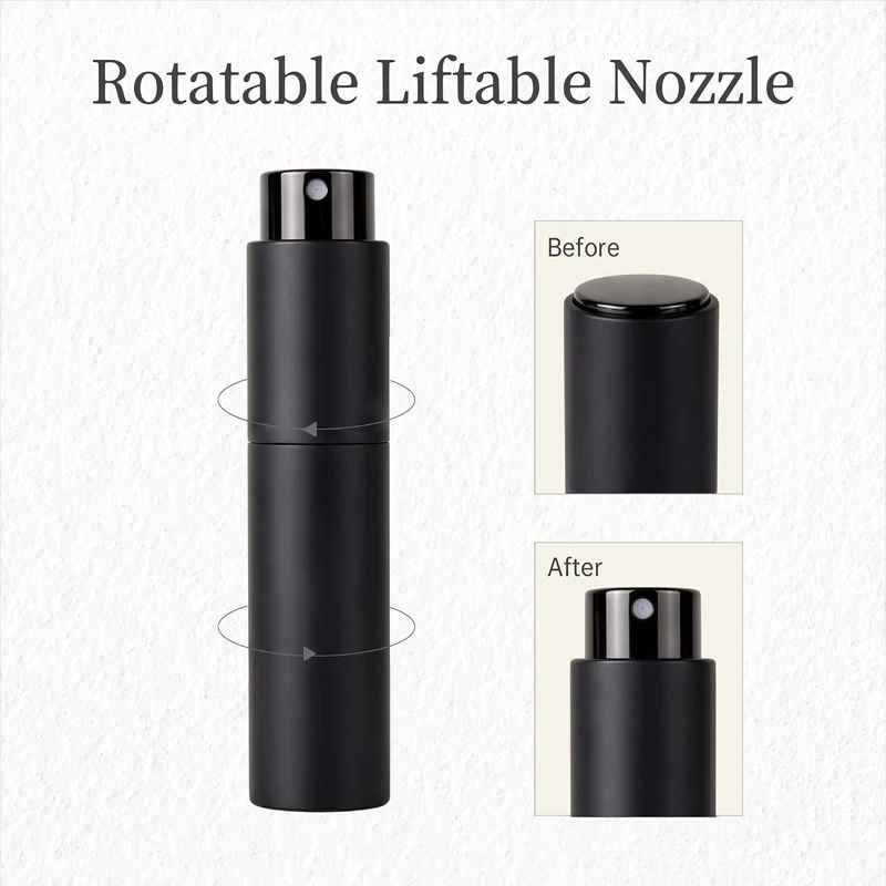 5ml 3er-Pack Reise-Parfümzerstäuber, tragbarer Kölnischwasser-Sprüher mit feinem Nebel, drehbarer Düse, Trichter und Tropfer, Schwarz – Detail 4