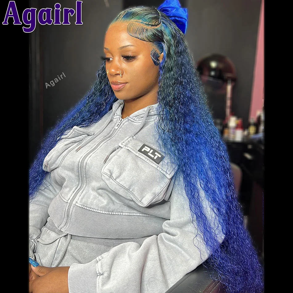 Highlight Ombre Blue 200% Water Wave Human Hair Wigs 13x4 Ready Go Lace Front Wig 13X6 Kinky Curly Lace Frontal Wigs for Women