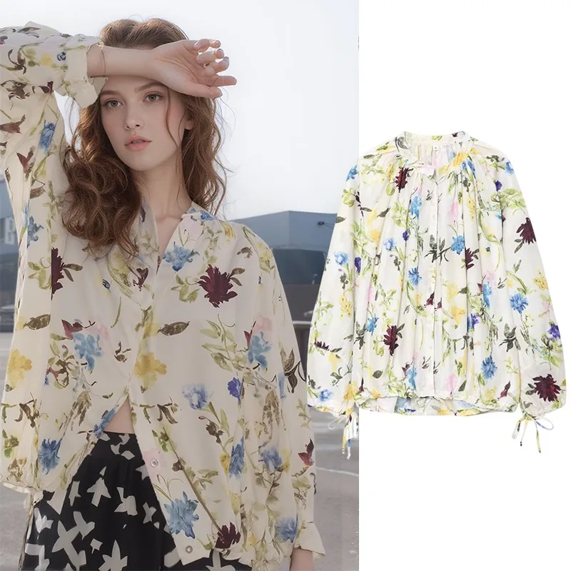 

TRAFZR Summer Shirt Boho Chic Woman Floral Blouse Women's Elegant Shirts Female Cotton Plain Tops 2025 Top Long Sleeve Fitted