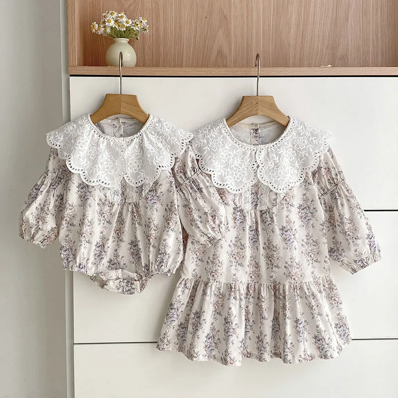 

2025 Spring/Fall Girls Lace Collar Print Dress with Baby Romper - Matching Sister Outfits Long Sleeve Princess Dress for Toddler
