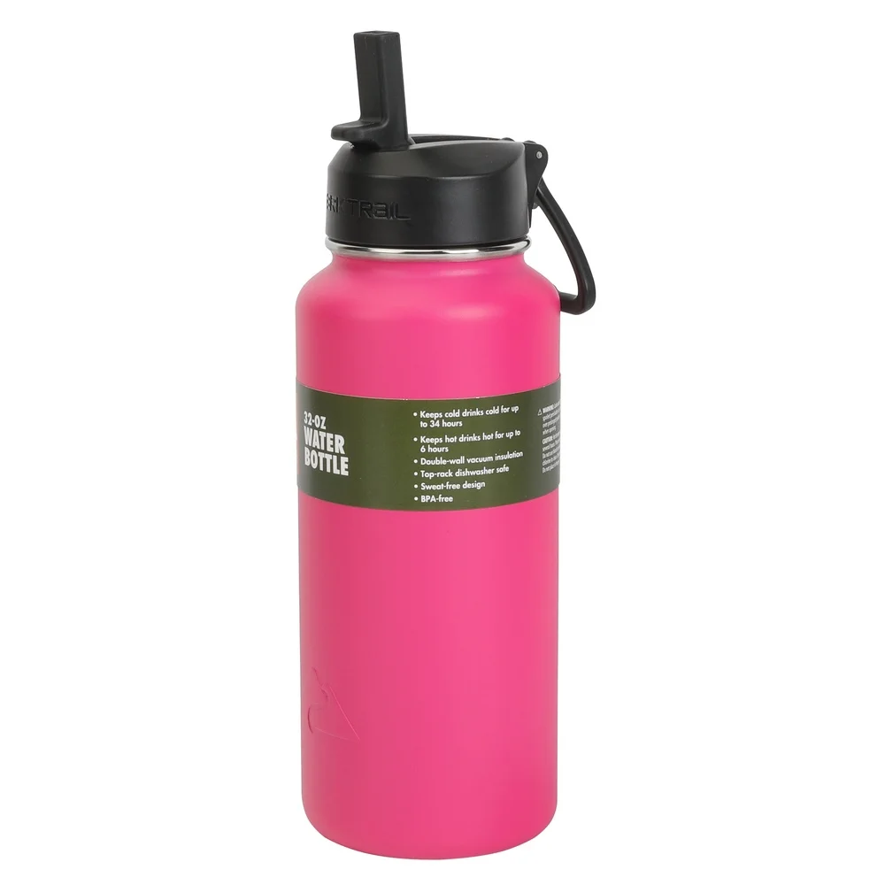 زجاجة مياه معزولة من الفولاذ المقاوم للصدأ سعة 32 أونصة، غطاء واسع للفم، مقبض حمل خالٍ من مادة BPA، وردي ساخن