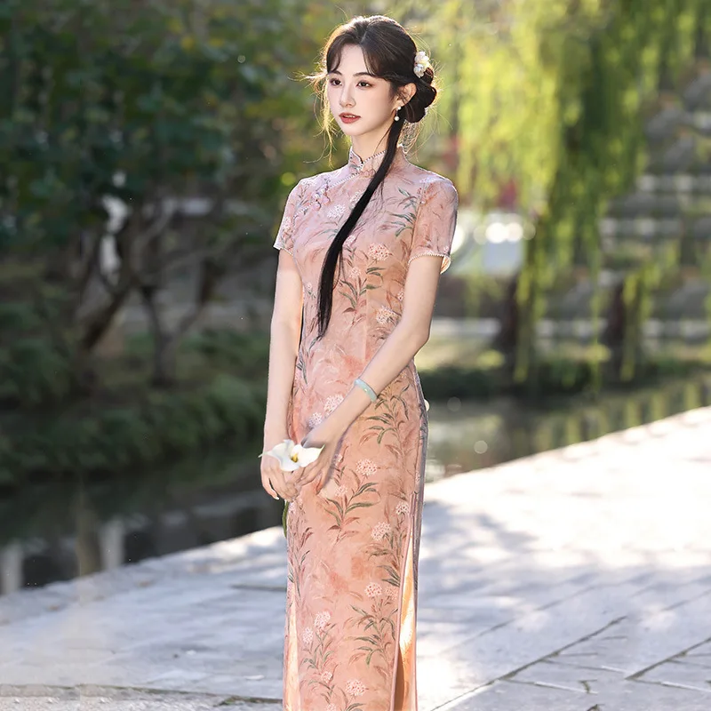 

Pink Short Sleeved New Chinese Style Long Cheongsam Improvement for Young 2026 New Women Retro Summer Qipao