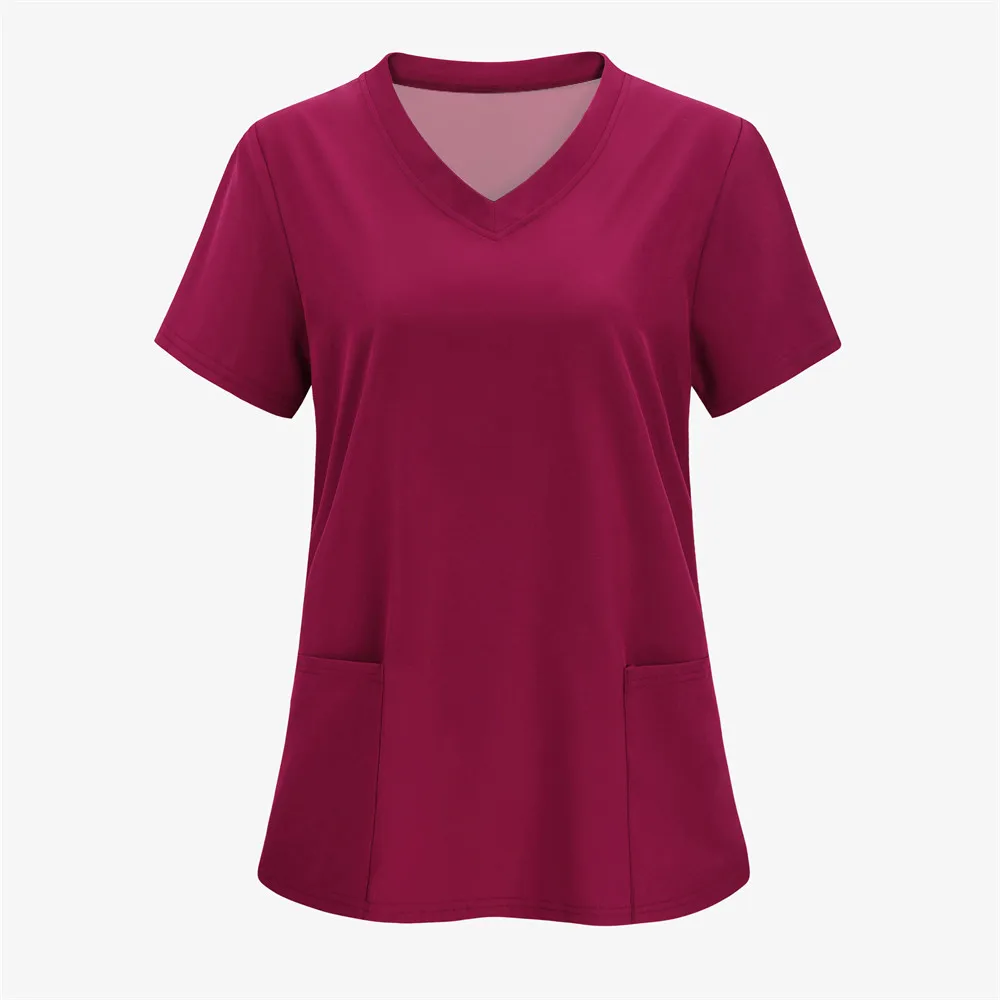 Solid Color Womens T Shirts Medical Nursing Uniform Stretch V-Neck Short Sleeve T-shirt Tops With Pocket Women's Clothing