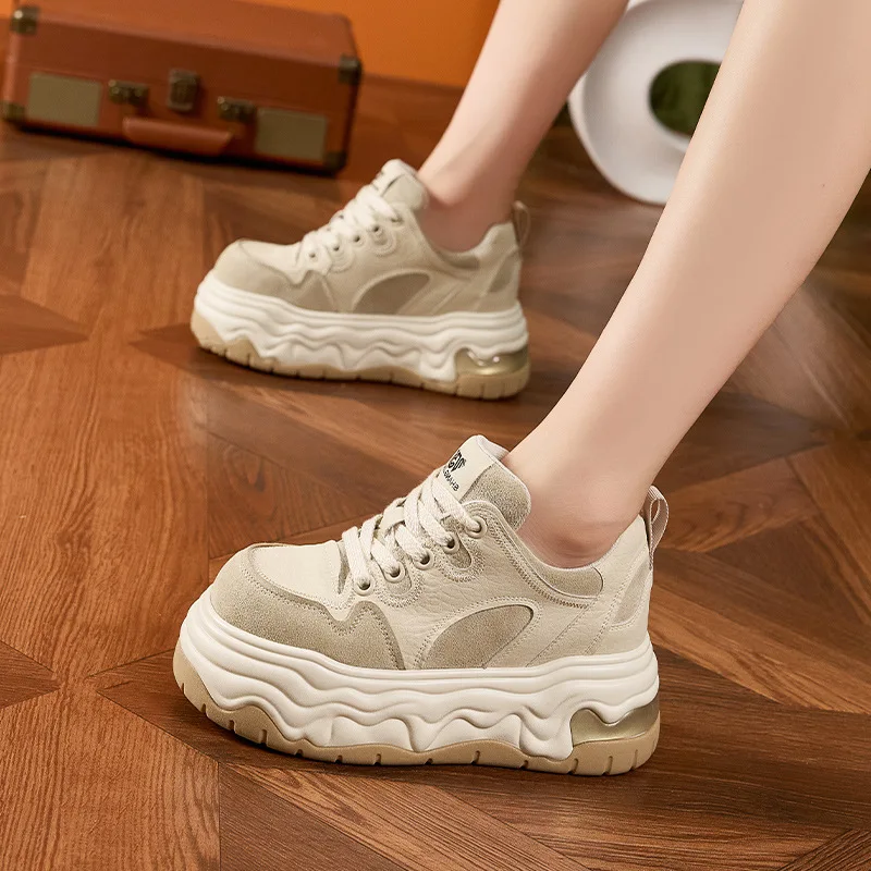 

New 8.5cm Casual Shoes Genuine Leather Female Chunky Sneakers Platform Fashion Sneakers Walking Shoes Spring Autumn Comfy Women