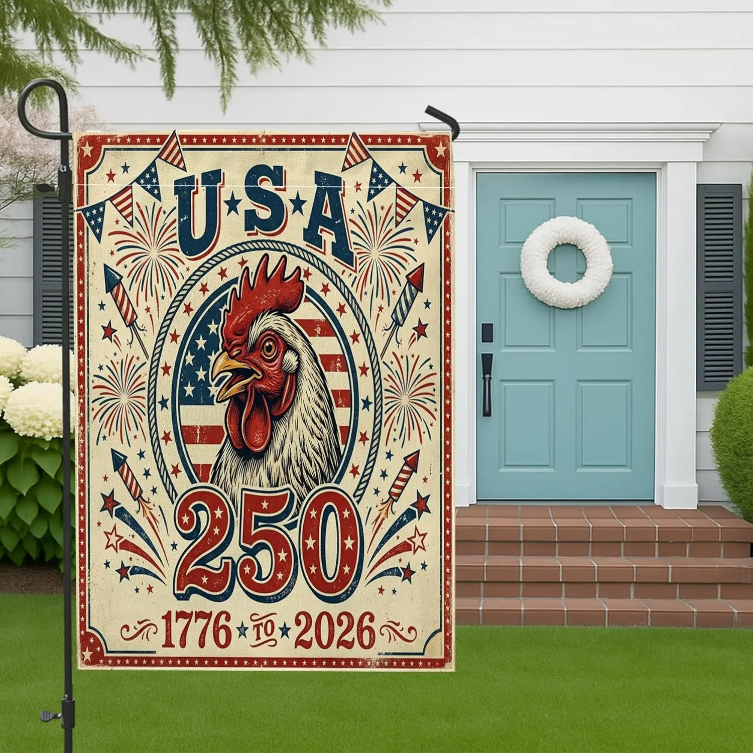 250 Years Chickens Chick Garden Flags 12”x18” Double Sided for Outside, Vintage 4th of July Front Yard Small Canvas House Fl PPZ