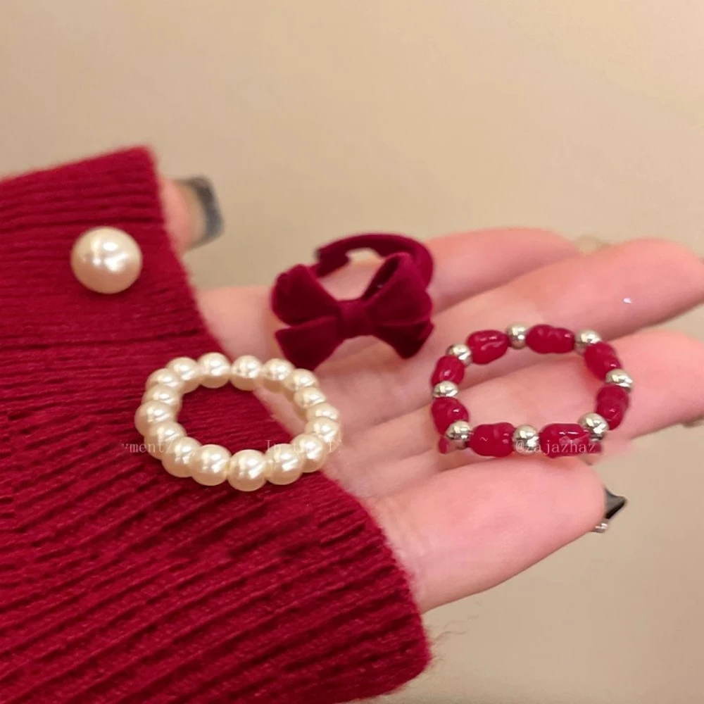 Vintage Red Flocking Bow Pearl Rings Set For Women Elegant Engagement Wedding Ring New Year Fashion Jewelry Accessories Gift