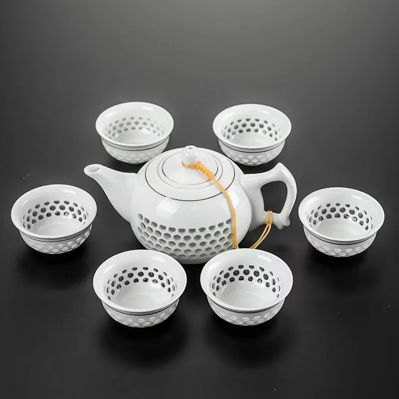 New White Porcelain Hollow Tea Set Chinese Kung Fu Home Teaware Ceremony Puer Kettle Pot 6 Tea Cups