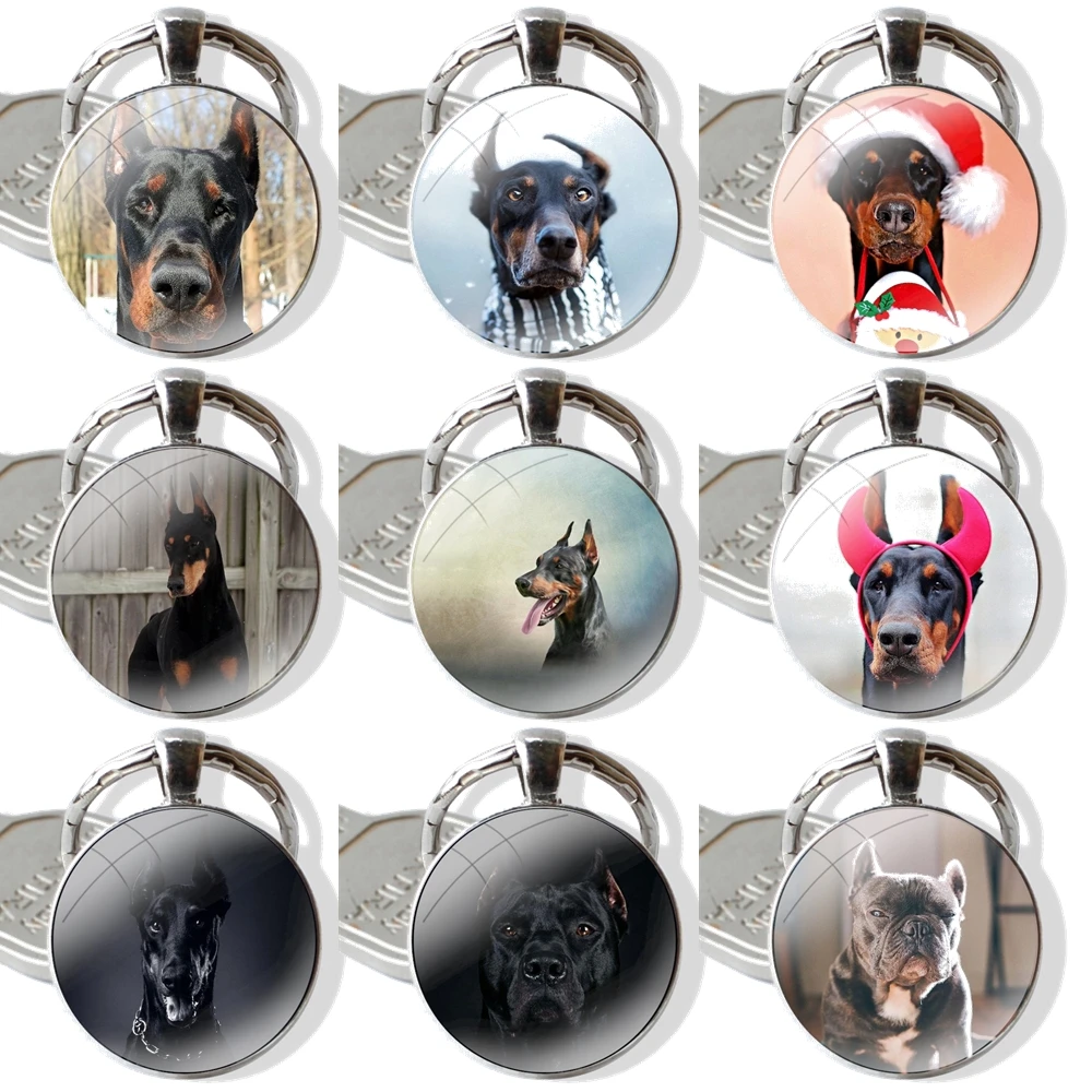 25mm Glass Cabohcon Keychain Key Rings for Women Men Jewelry Gift Doberman Bulldog Dog