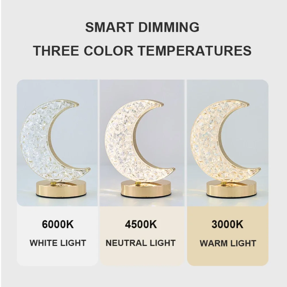 1-3PCS Moon Night Lamp Crystal Desk Lamp 3 Colors Dimming Table Light Touch Bedside Romantic Diamond Atmosphere Decor Lamp