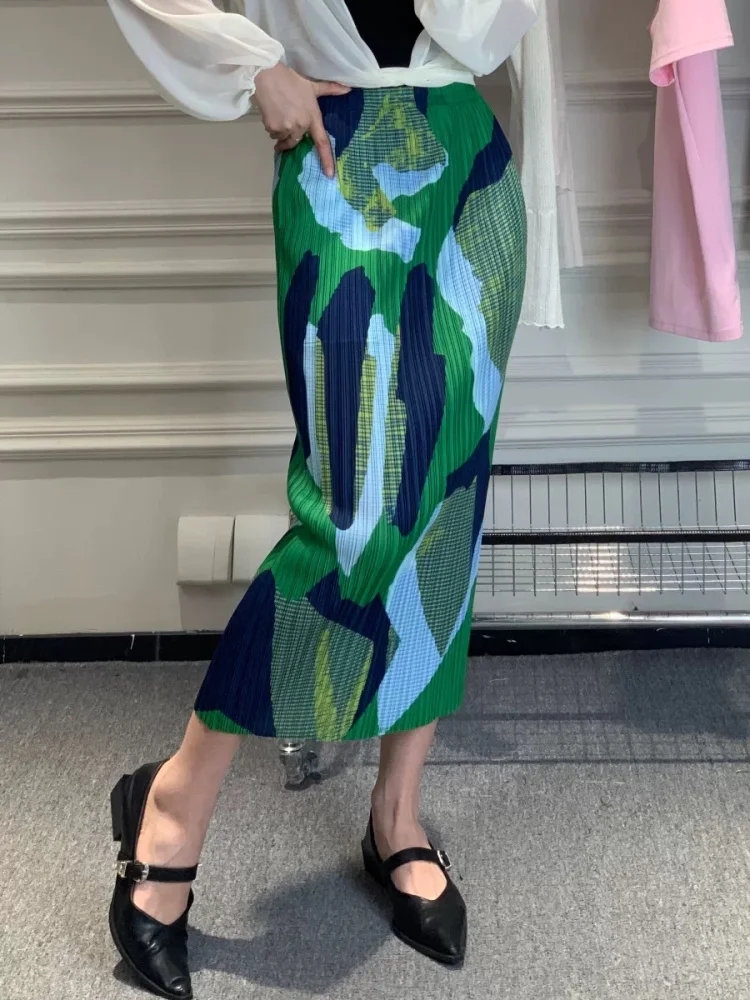 Sommer 2025, lockerer, bedruckter Faltenrock für Damen, Midi, H-Linie, gerader Schnitt, Pendler-Ele Sle-Design mit mittlerer Taille