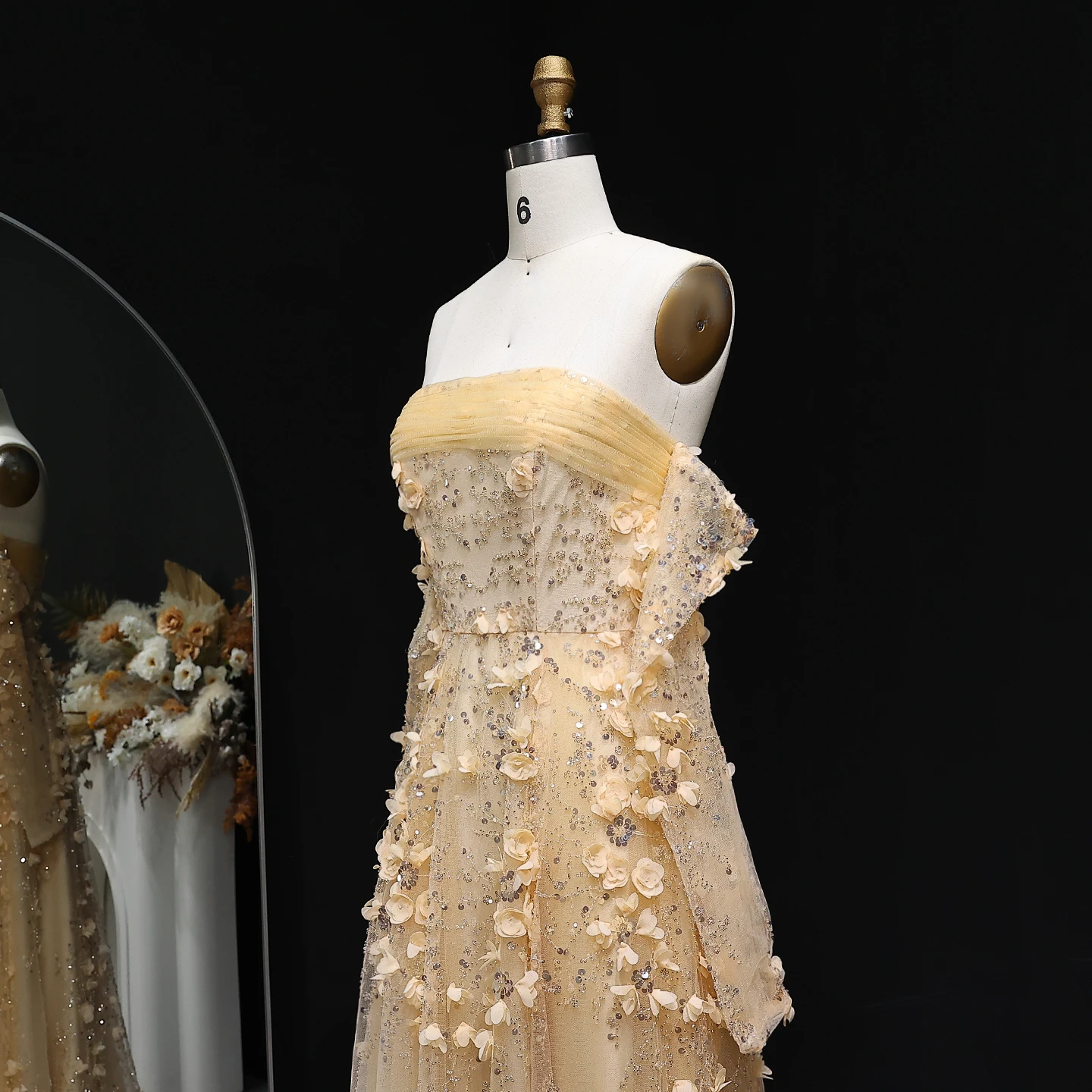 Sharon Said Elegant Blush Pink 3D Flowers Strapless Evening Dress with Long Sleeves Arabic Women Wedding Party SS344 Customized image 6