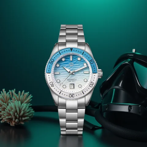 WISHDOIT herrautomatisk dykarklocka med havsblå och vit krusad urtavla 8215 urverk safirglasspegel 10 best sales dykarklocka - №4