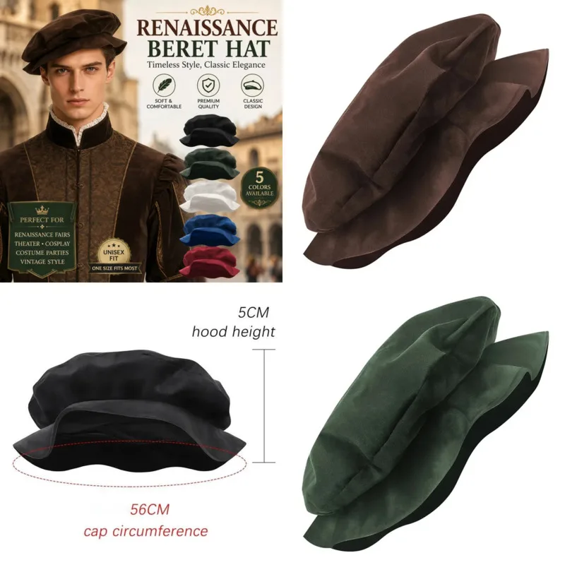 

Beret Hat For Men Women Halloween Cosplay Medieval Cute Faux Suede Flat Top Costume Renaissance Festival Vintage Accessory Gift