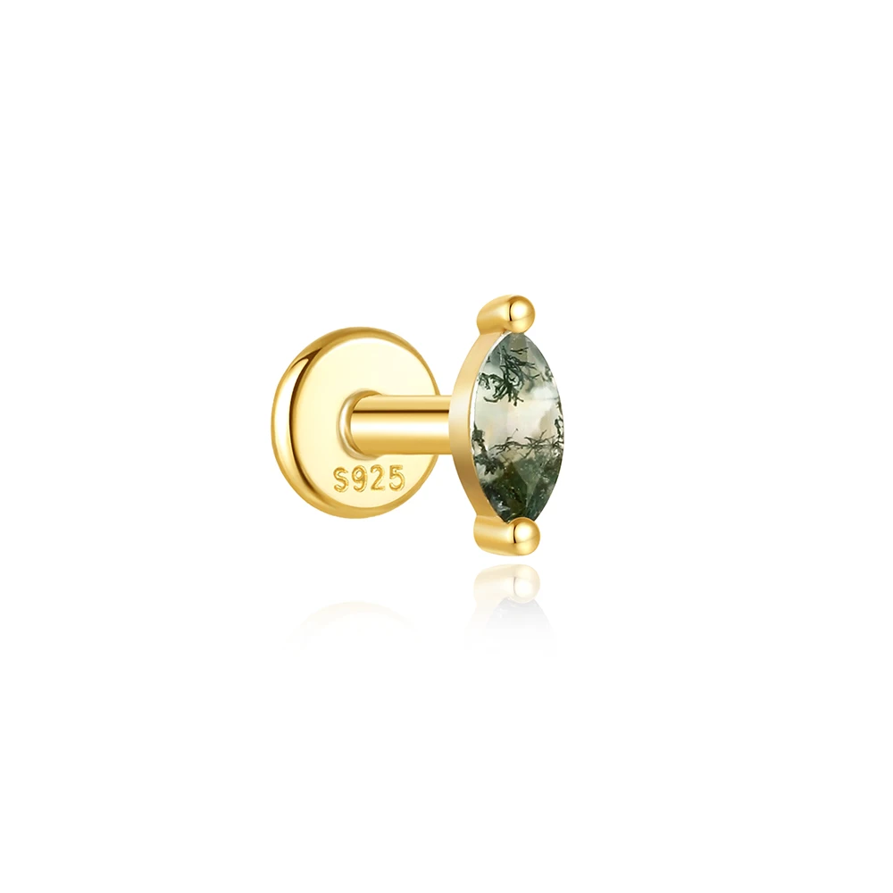 AIDE Wasser Gras Achat 925 Sterling Silber Flachkopf Faden Piercing Ohrring Grünes Moos Piercing Ohr Knochen Ohrring Schmuck 1 Stück