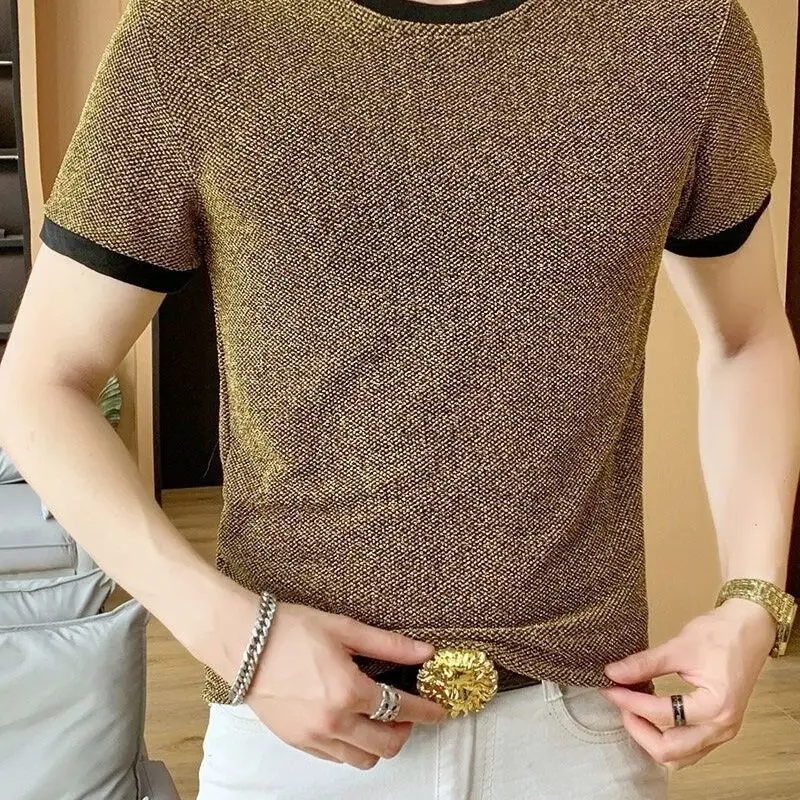 Shiny Silk Men O Neck Short Sleeve T Shirt Summer Fashion Hip Hop Punk All-match 2xl Oversize Streetwear Golden Silver Party Bar