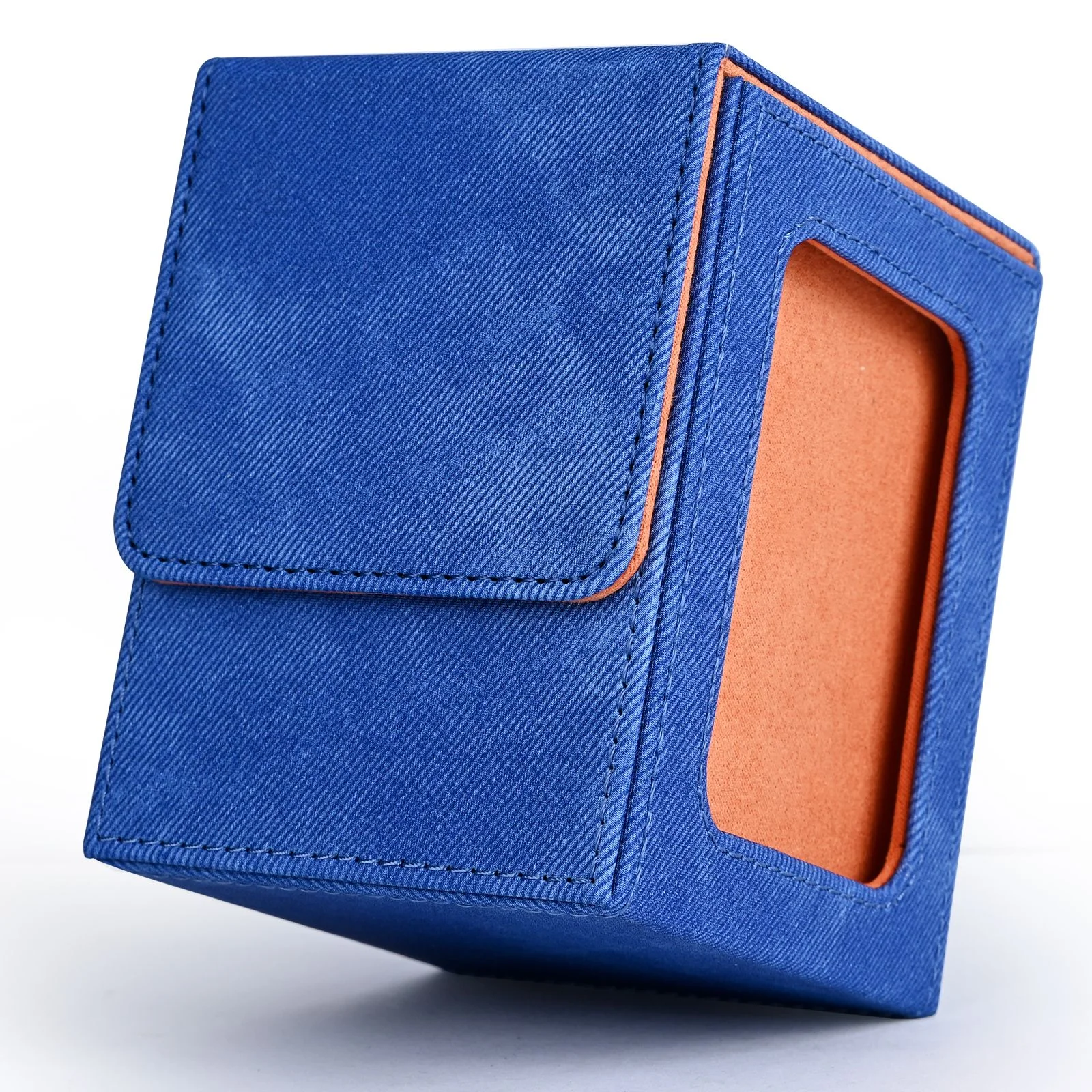 Card Deck Box with Display Window, Trading Card Storage Case, Holds 120+ Single Sleeved Cards, PU Leather Denim Card Box for TCG