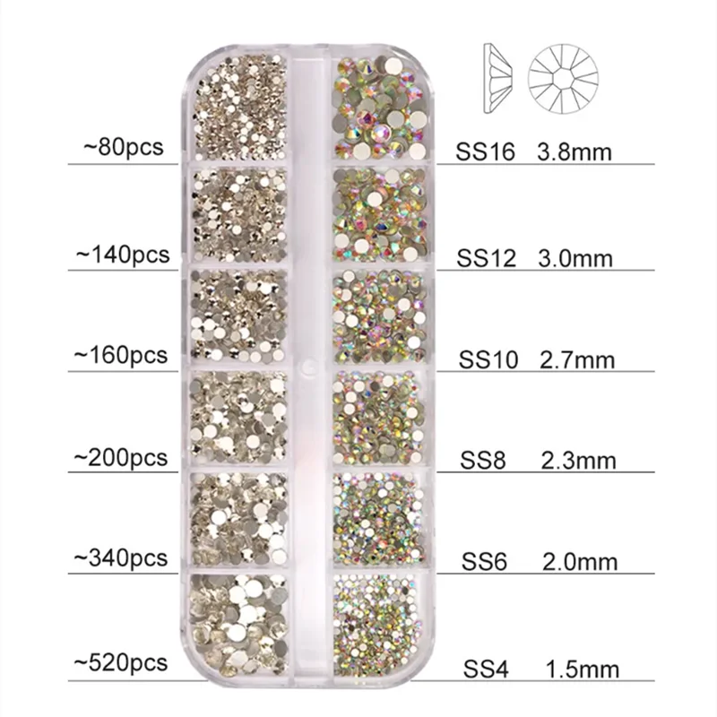 Multi Tamanhos Clear Crystal AB Nail Rhinestones Set, DIY Nail Art Decoração, Diamantes com Ferramentas, Unhas Acessórios, 12 Grades