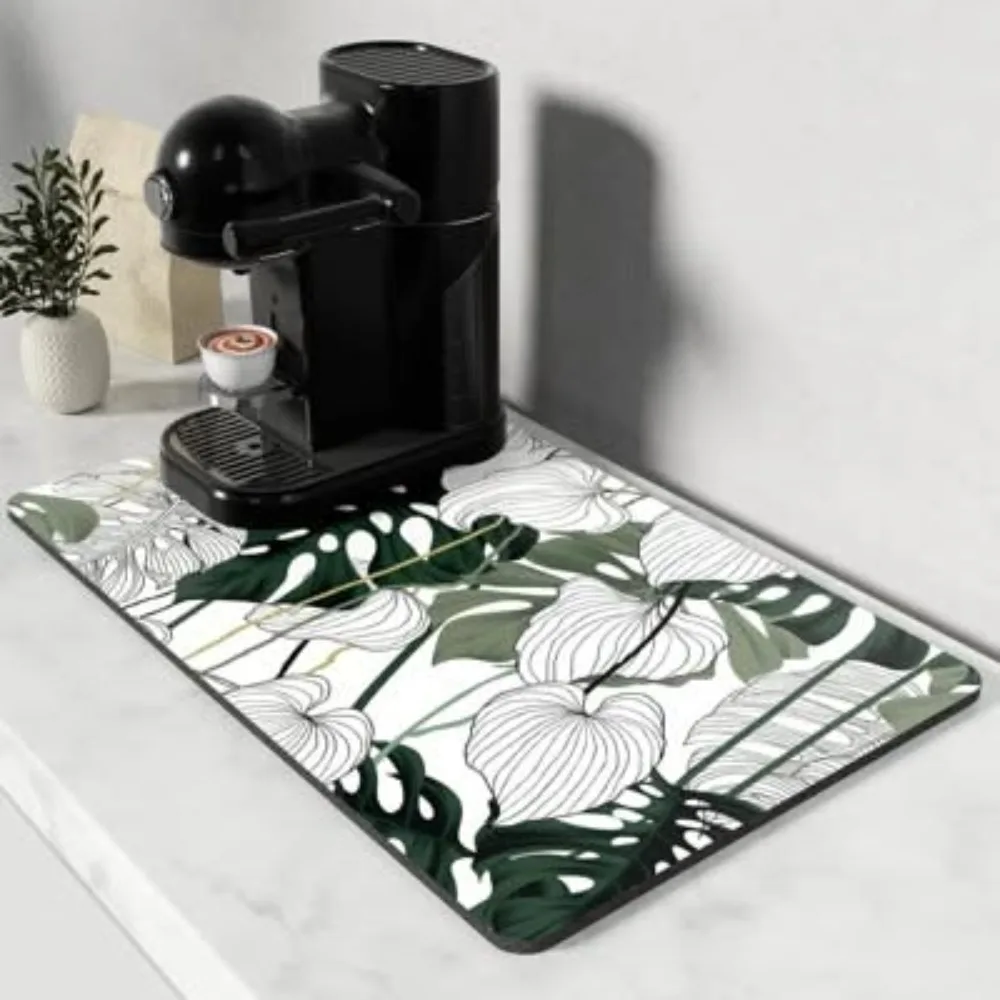 Beverage Counter Pad Tropical Palm Leaf Print Liquid Absorption Rubber Bottom Washable Coffeemaker Kettle Spillway Rug