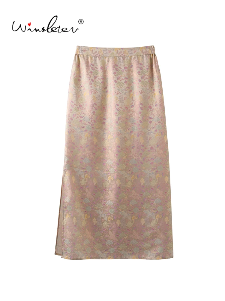 Winsleter-100%Real Silk Elegant Skirts, Elastic Waist Jacquard, Women Retro Temperament Straight Skirt, 2026 Autumn New B69537CC