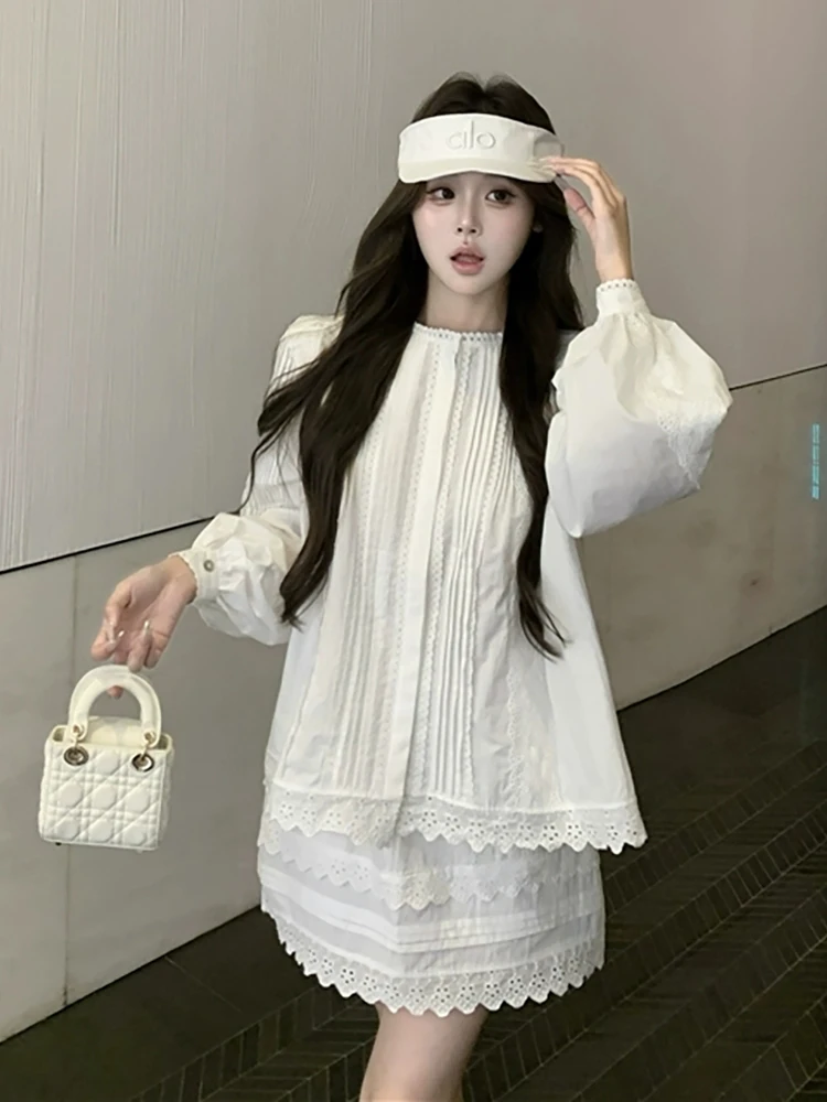 RORORIRI Camicia a punto con finiture in pizzo Gonna Donna Set da 2 pezzi Camicetta a maniche lunghe a pieghe Top Minigonna a trapezio Abiti coreani per le vacanze