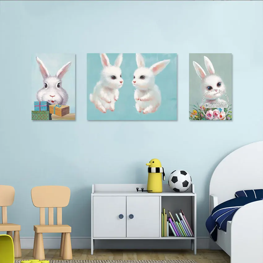 Abstract Cartoon Rabbit Canvas Poster, Animal Oil Painting, Cute Picture, Hand-painted, 3 Group, Decorative Item, Bedroom Decor