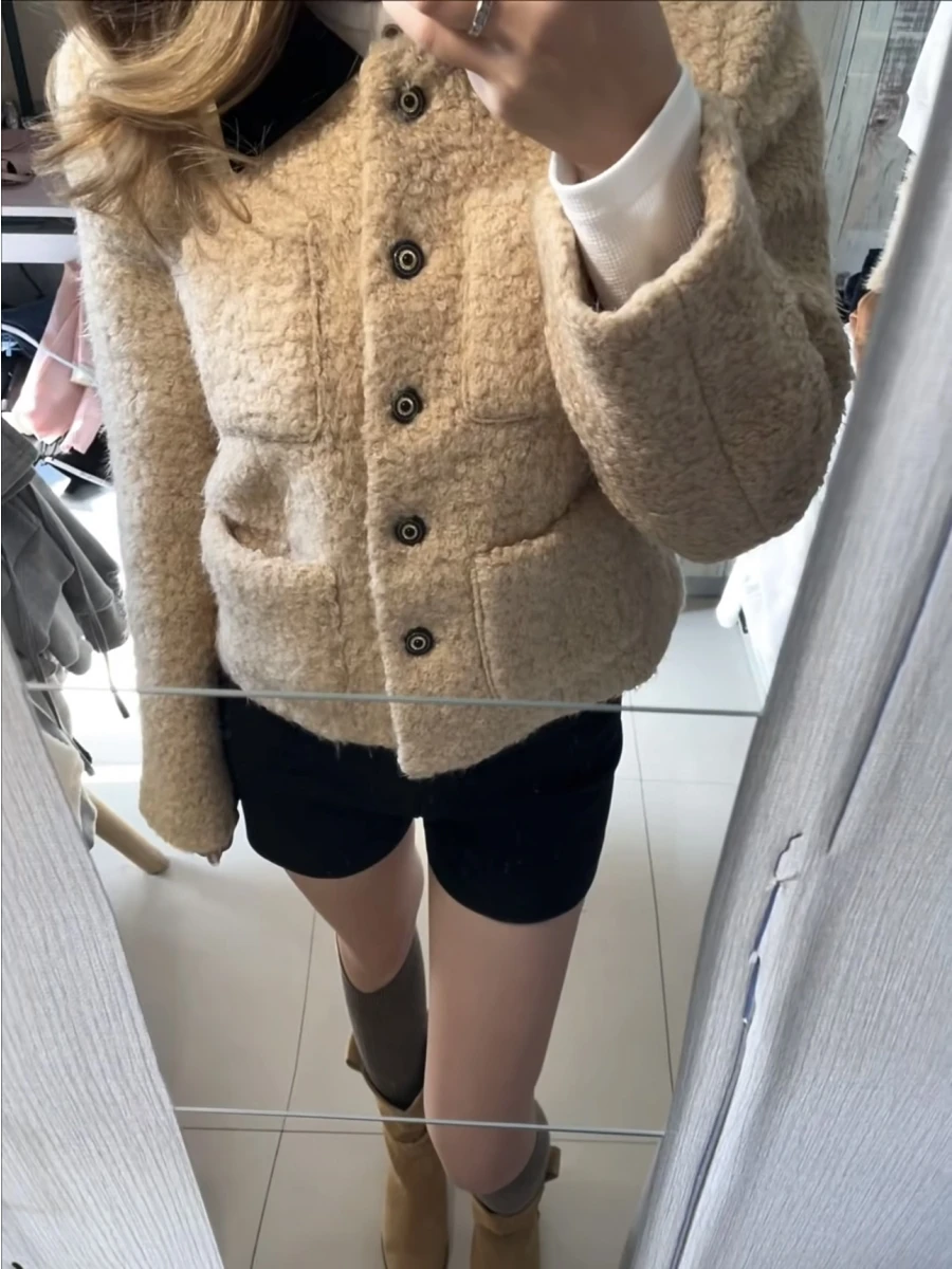 Sweet Atmosphere Brown Lamb Fur Collar Coat Korean Style Commute Winter New Arrival Soft Fufu Miu Series Short Coat