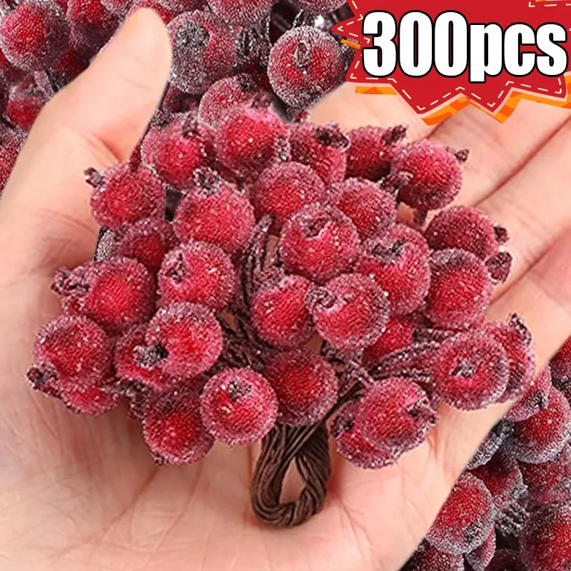 Mini Frosted Artificial Christmas Holly Berry Double Head Fake Berries Stamen Xmas Tree Ornaments Party Decor Supplies Wholesale