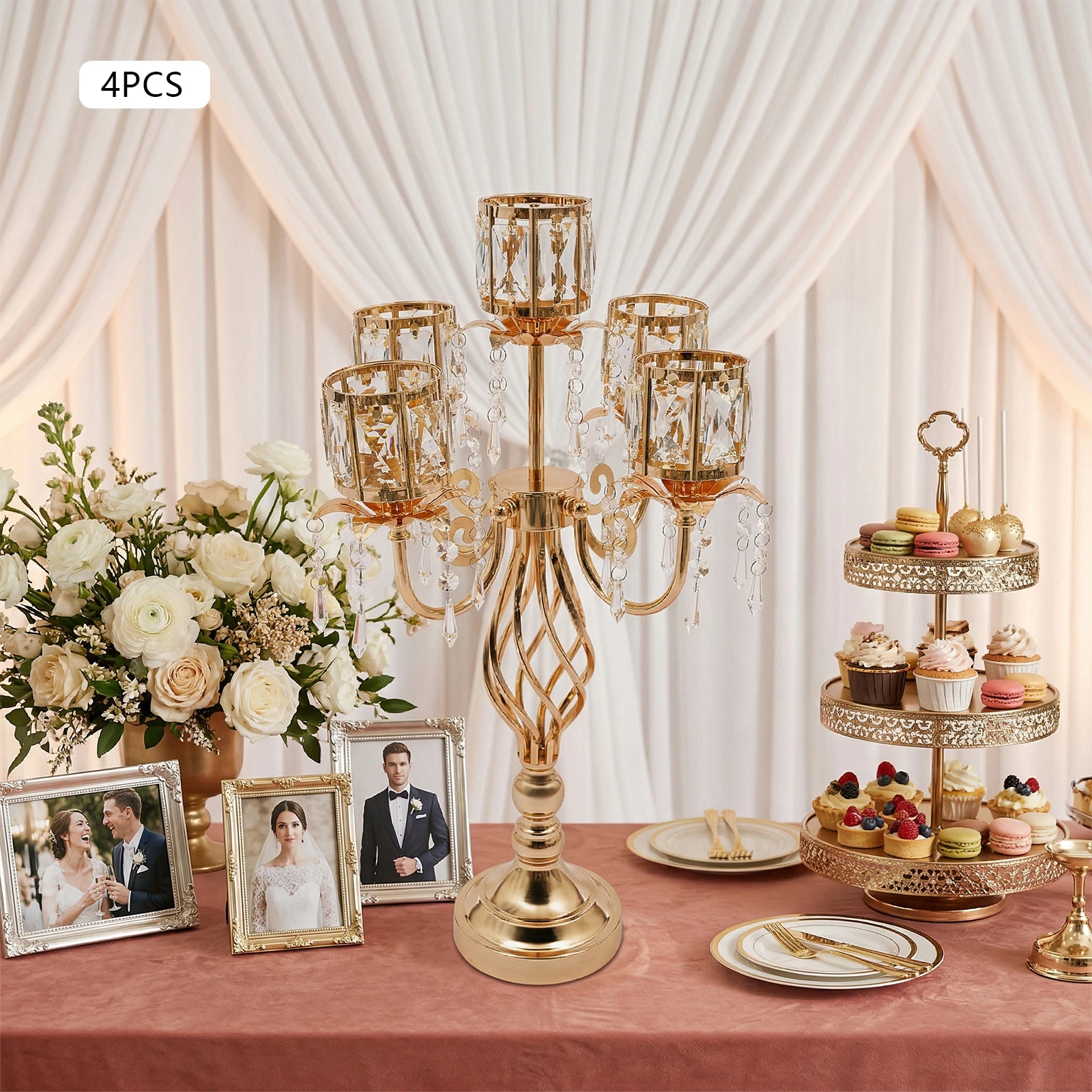4 Pack 5-Arm Gold Candle Holders With Crystal Details, 23.2in Tabletop Candelabra Stable Round Base For Wedding Banquet Christmas Dining Room Home Decor