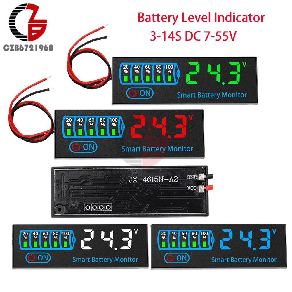 3-12S 3-14S Battery Level Indicator DC 7-55V Voltage Battery Capacity Tester Red/Blue/Green/White LED Display Indicator Light