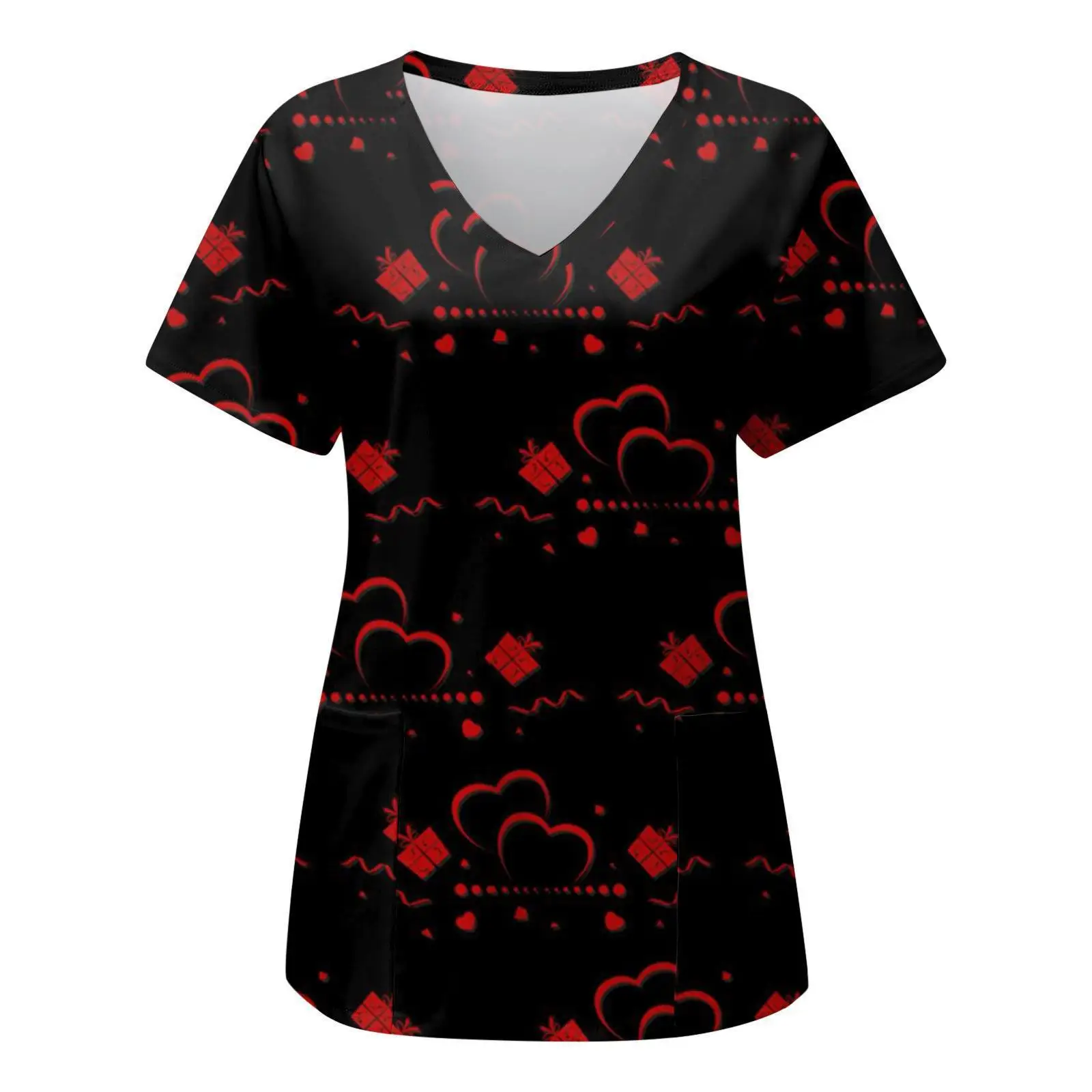 Ladies' casual versatile V-neck pullover, short sleeved nurse uniform, love themed 3D printed nurse duty work uniform