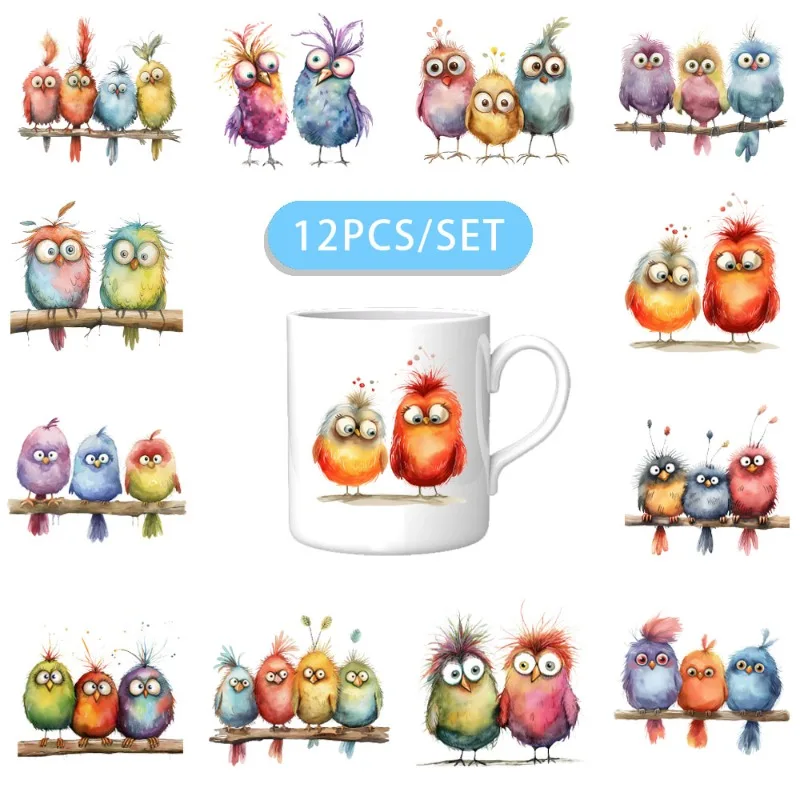 12PCS/SET A Group Of Bird Companions DIY Skinny Tumblers Wrap Decorative Transfer Paper UV DTF High Self-adhensive Wraps