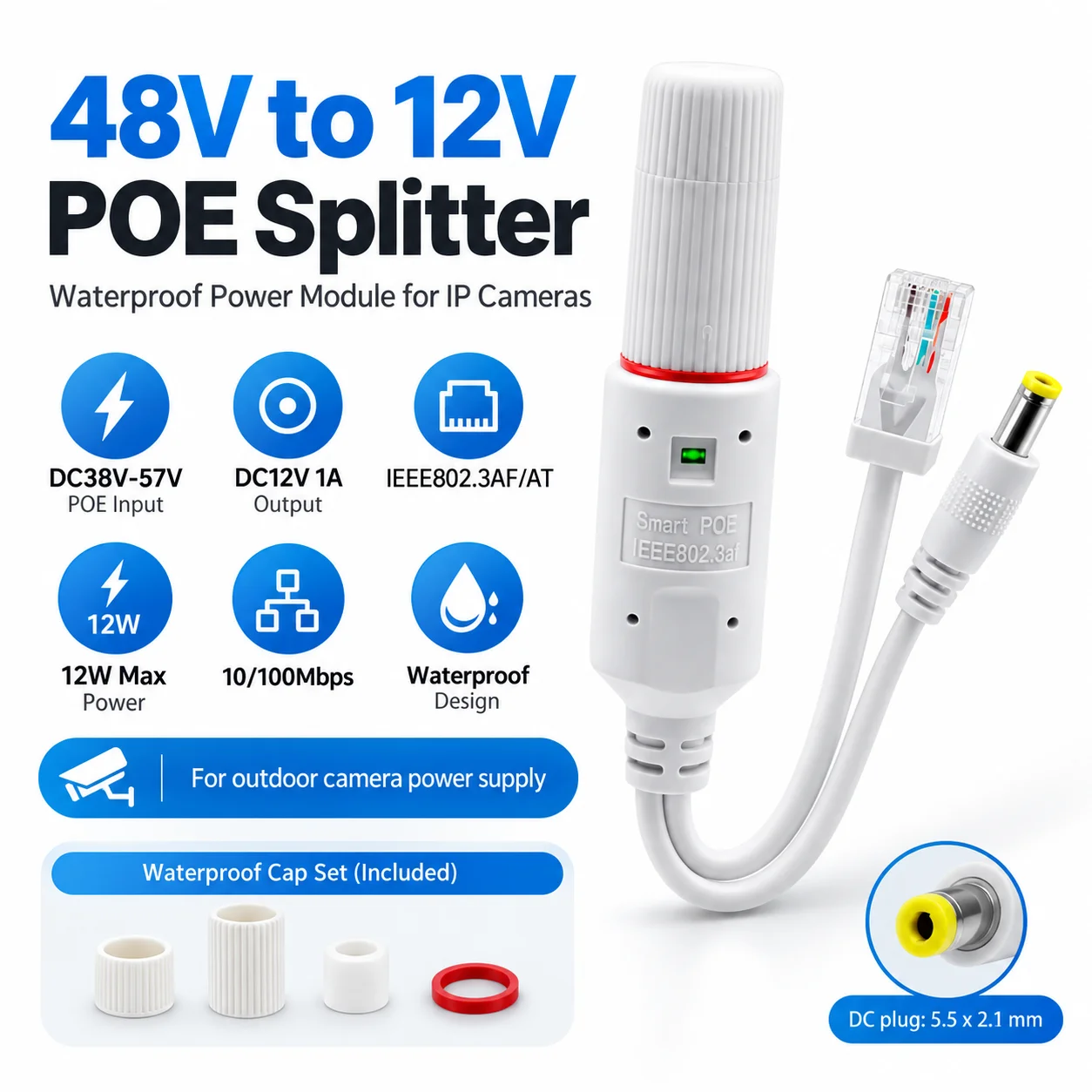 Outdoor Waterproof PoE Splitter 48V to DC12V 1A IEEE802.3af/at 10/100Mbps RJ45 Power Supply Adapter for Security IP Camera